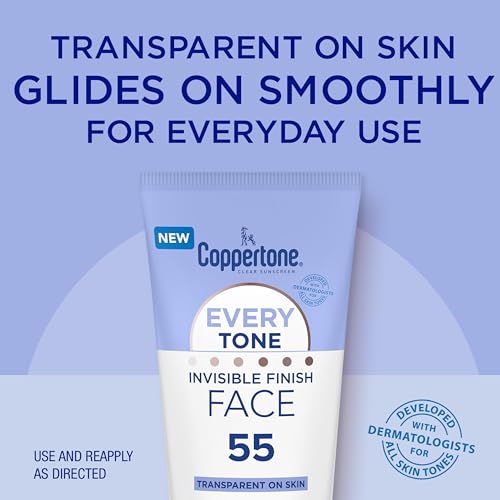 Coppertone Every Tone Invisible Finish Face Sunscreen Lotion SPF 55, Lightweight, Blends in Clear Sunscreen for All Skin Tones, 2 Fl Oz Tube