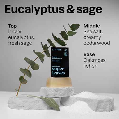 ATTITUDE Bar Soap Body Wash for Men, For Body and Hands, 99% Natural Origin Ingredients with Avocado Oil, EWG Verified, Eucalyptus & Sage, 4 Oz