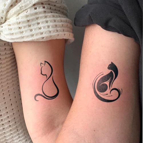 Semi Permanent Tattoos, 2 Sheets Tiny Realistic Temporary Tattoos for Women Men Arm, Fake Tattoo for Party, Waterproof No Reflective, Lasts 2 Weeks (Minimalist Cat & Cute Moonlit Cat Group)