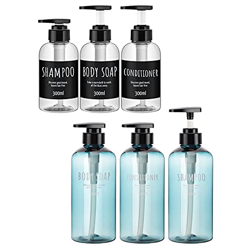 Segbeauty 6 Pack Shower Bottles Refillable, 16.9oz & 10.1oz Shampoo Conditioner Body Wash Bottles, Large Bathroom Soap Lotion Hand Wash Shower Shampoo Dispenser, Empty Plastic Bottles Blue Clear