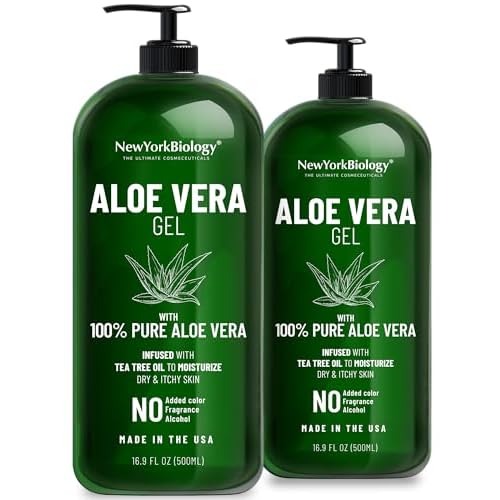 New York Biology Aloe Vera Gel for Face, Skin and Hair - Infused with Tea Tree Oil - From Fresh Aloe Vera Plant - Moisturizing Aloe Vera for Sunburn Relief and Dry Skin - 16.9 Fl Oz - Pack of 2