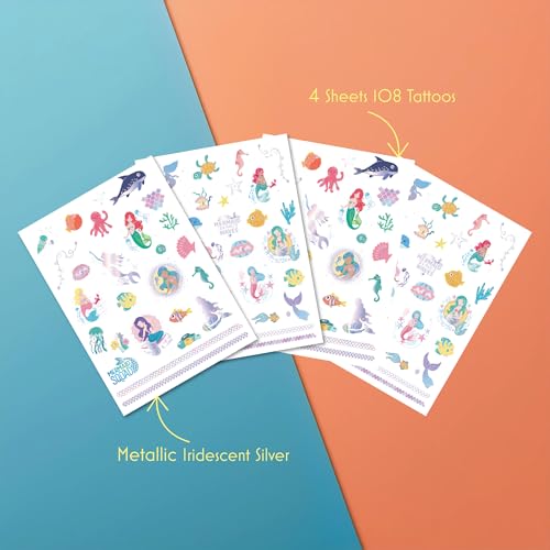 PapaKit Mermaid Temporary Tattoos - 54 Styles, 4 Sheets, Metallic Foil