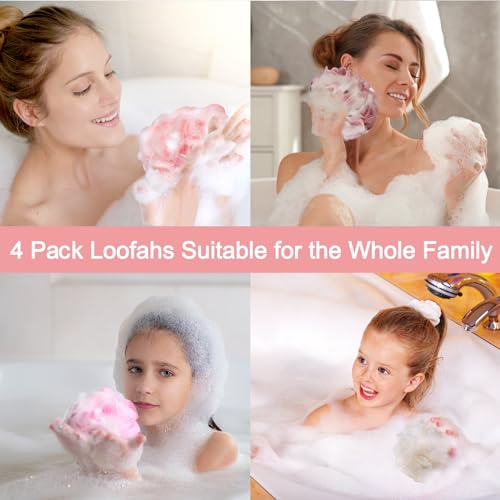 Fishent Loofah Bath Sponge, Pack of 4 Pink Soft Mesh Shower Puff