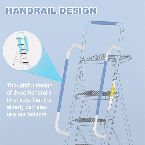 HBTower 5 Step Ladder with Handrails, Folding Step Stool with Tool Platform, 330 LBS Portable Steel Ladder for Adults for Home Kitchen Library Office, Blue