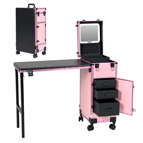 Rolling Manicure Table with Mirror & 3 Drawers, Lockable