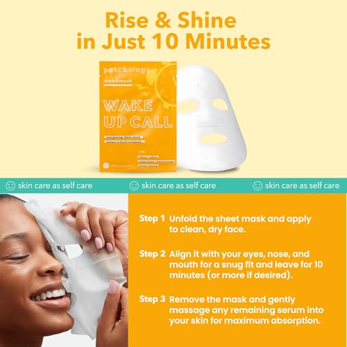 Patchology Wake Up Call Caffeine Facial Sheet Mask ? Hydrating Face Mask with Caffeine, Orange Extract & Ginseng ? Helps Refresh and Depuff Skin in 10 Minutes ? Morning Skincare (4 Count)