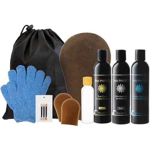 Tan Physics Self Tanner ? 13pc Sunless Tanning Kit with True Color Tanner, Pre-Tan Exfoliator & Tan Extender ? Includes Face & Body Mitts, Exfoliation Glove, Detail Applicator, Travel Bag & Bottle