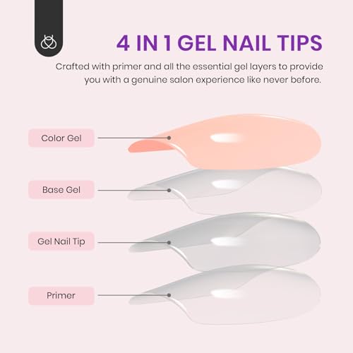 Beetles Pre-French Tips Gel Nail Tips, 4-IN-1 150Pcs Almond Medium Pinkish Brown French Press on Nails Etch X Pre-Primer & Base Coat, No File Need Easy False Nail Tips for Nail Art DIY Design