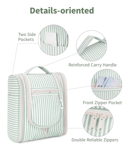 Narwey Hanging Travel Toiletry Bag for Women - Mint Green Stripe