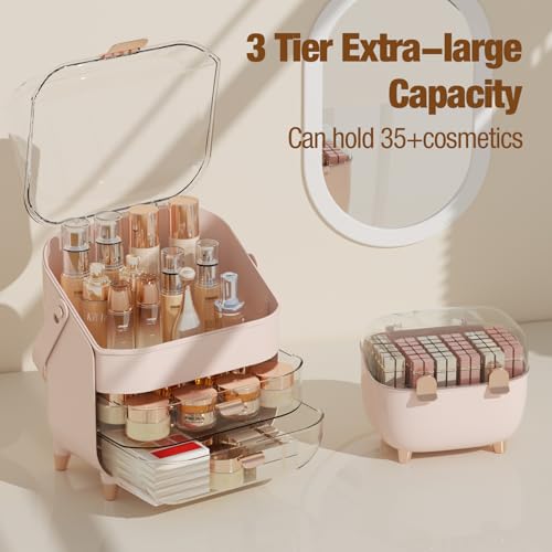 Makeup Organizer for Vanity with perfume Storage Box, Countertop Skincare Organizer with 2 Drawers, Cosmetic Display Case for Perfumes, Eyeshadow Palettes, Nail Polishes, Pink
