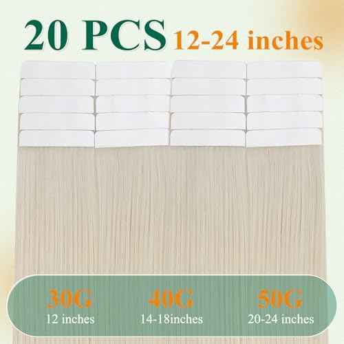 Easyouth Tape in Hair Extensions Human Hair Blonde Tape in Human Hair Extensions White Blonde Invisible Tapes in Real Human Hair Extension 20 Inch 50G 20Pcs