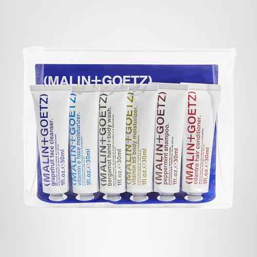 "Malin + Goetz Essential Starter Kit, 1 Fl. Oz. - Hair Shampoo & Conditioner, Facial Cleanser & Moisturizer, Hand & Body Wash, Body Moisturizer, Travel Kit, Vegan & Cruelty Free"