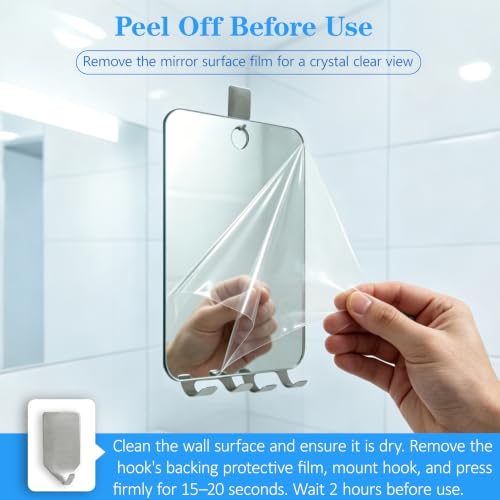 Fogless Shower Mirror with Razor Holders, No-Drill Wall Mount