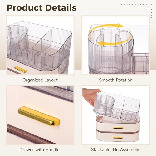 3 Tiers Makeup Organizer with Drawers, Makeup Holder 360¡Æ Rotating Brush Holder, Large Capacity Cosmetic Storage with Clear Top Slots, Vanity Organizer for Skincare Perfume Lipstick Jewelry