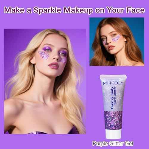 MEICOLY Purple Hair Glitter Kids Makeup,Halloween Sparkly Face Glitter,Mermaid Sequins Face Body Glitter,Chunky Glitter for Festival Rave Accessories Costume Outfits for Women,50ml