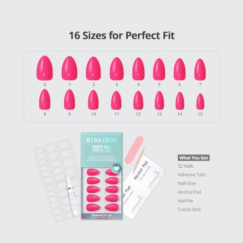 BTArtbox Press On Nails Short Almond Hot Pink 32pc Kit