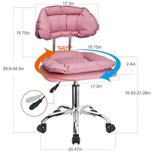 JOSTZHXIN Rolling Stool with Backrest, Home Office Rolling Stool Chair, Thickened Seat Cushion, Adjustable Height Swivel Chair for Nail Shop Salon Spa Massage Tattoo,Pink