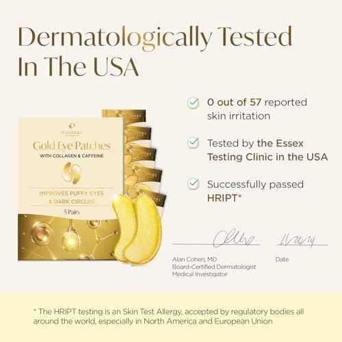 PLANTIFIQUE Gold Eye Patches for Puffy Eyes and Dark Circles 5 Pairs Under Eye Masks for Dark Circles and Puffiness Eye Gels with Collagen & Caffeine Eye Patches Gold Eye Mask Skincare