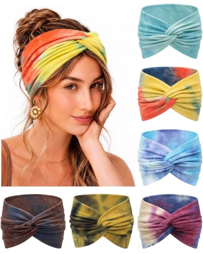REOTECALL 6 Pack Extra Wide 7.08in Non-Slip Boho Tie-Dye Headbands for Sports Yoga