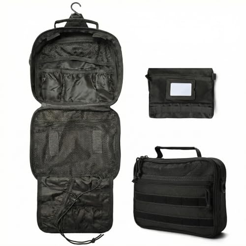 VELVEBAG Tactical Toiletry Bag for Men, Hanging Toiletry Bag for Men, Hanging Waterproof TravelShaving Hygiene Bag, Bathroom Multi-pocket Organizer, for Short Trips, Camping & Gym, Black
