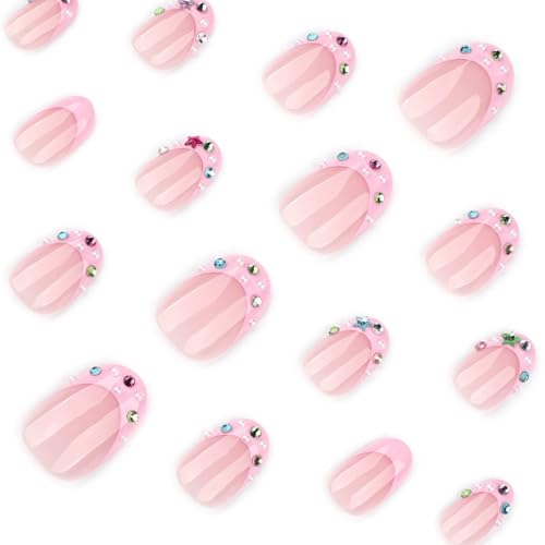 Foccna Almond Pink Press-On Nails with 3D Crystal - 24pcs