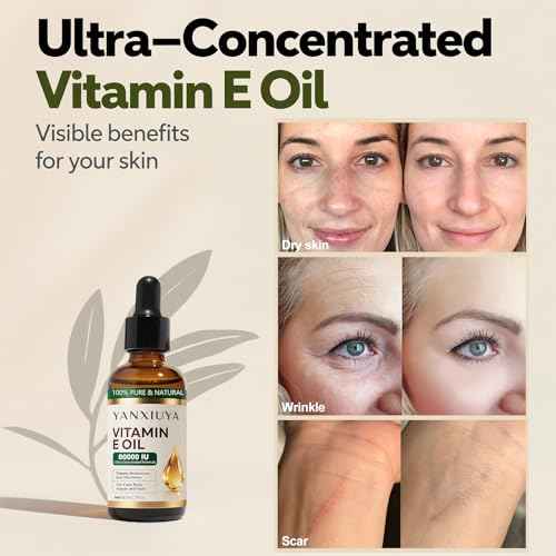 Vitamin E Oil, 80,000 IU Pure Organic Vitamin E Oil for Skin, Scars, Face & Body, Moisturizing Care for Hair, Nail & Scalp, Bath & Body, Hydrating Dry Skin, Wrinkles, Easy Absorption, 2 Fl Oz
