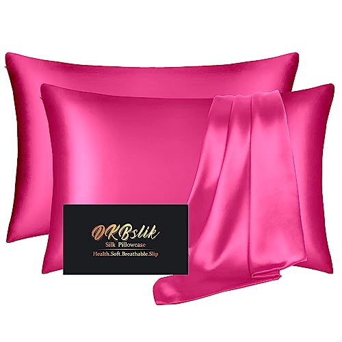 Silk Pillow Cases 2 Pack, Mulberry Silk Pillowcases Standard Set of 2, Smooth, Anti Acne, Beauty Sleep, Both Sides Natural Silk Satin Pillow Cases for Women 2 Pack with Zipper for Gift, Hot Pink