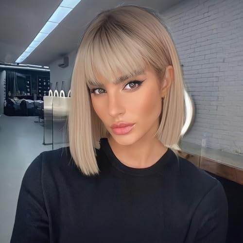 Getshow Blonde Bob Wigs for Women,Synthetic Wig with Bangs