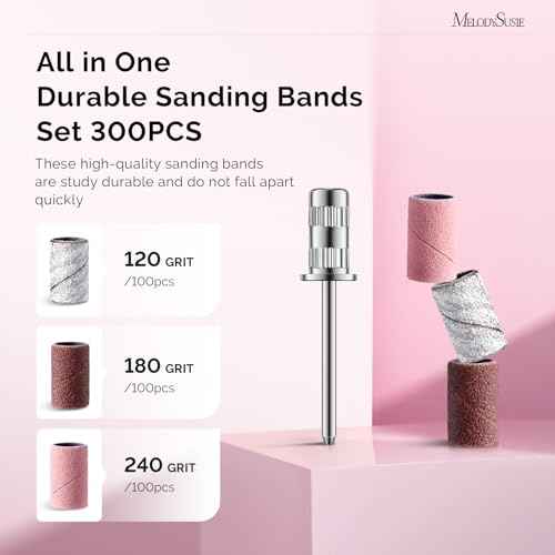 MelodySusie 300 Pcs Sanding Bands with Mandrel,120 Medium, 180 Fine, 240 Extreme Fine Grit, E-File Sand Piece Nail Drill Bits Set for Acrylic, Gel Removal, Manicures and Pedicures