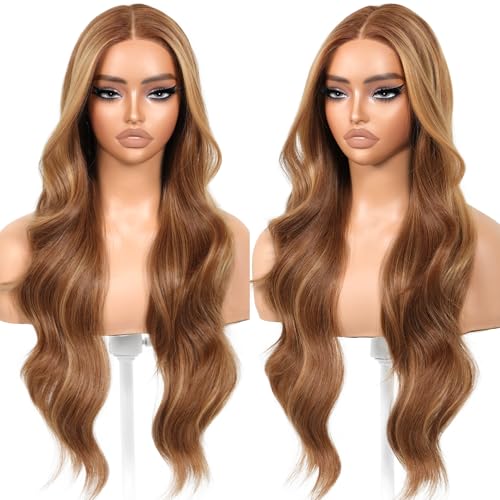 Honey Blonde Body Wave Glueless Wigs With Bangs Synthetic Lace Front Wigs Pre Plucked Pre Cut HD Lace 13x5x1 Middle Part Wigs For Woman 26 Inch