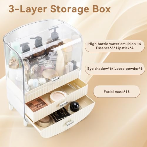 VUSIGN Makeup Organizer, Cosmetics Skincare Organizers with 3-Layer Storage Box and Transparent Cover, Vanity Organizer Countertop for Bathroom, Dresser, Ideal Gifts for Women, White
