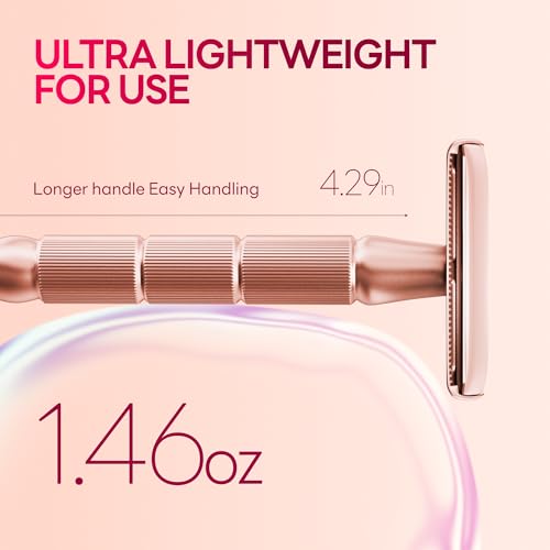 Rose Gold Double-Edge Safety Razor, Single-Blade Razors with 5 Stainless Steel Blades, Reusable Metal Razor for Men and Women