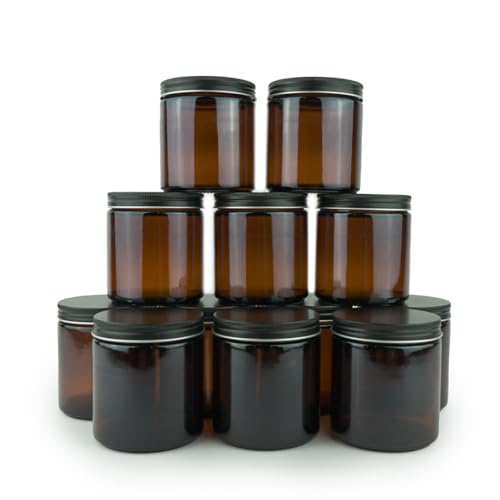 16oz Amber Glass Jars with Black Lids - 12 Pack