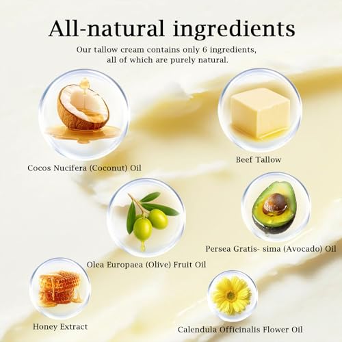 100% Grass Fed Whipped Beef Tallow Balm, Ultra Moisturizing Skin Cream for Face, Body Hands, Natural Skincare with Honey Coconut Oil Olive Oil and Avocado Oil for All Skin (1)