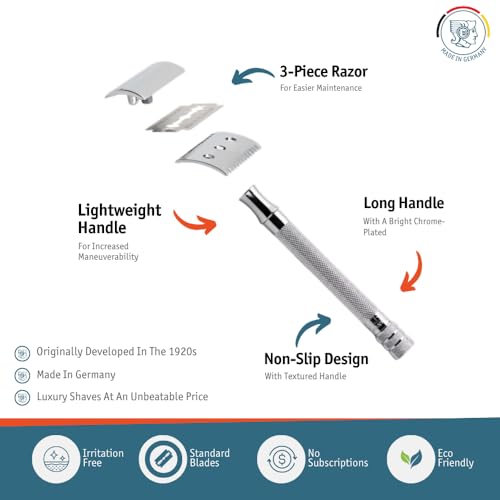 MERKUR 25C Double Edge Safety Razor in Bright Chrome with an Open Comb Design, Long Handle, Made in Germany, Plastic-Free, Three-Piece Design, and Straight Bar