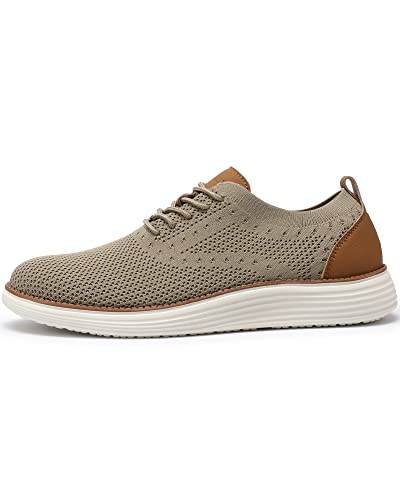 VILOCY Men's Casual Dress Sneakers Oxfords Business Shoes Lace Up Lightweight Comfortable Breathable Walking Knit Mesh Fashion Sneakers Tennis Khaki,EU40