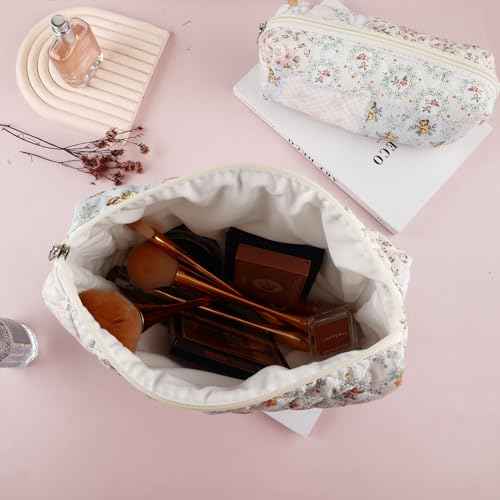 2Pcs Quilted Cotton Makeup Bag Large Travel Makeup Pouch Small Brush Holder Set for Women Cute Floral Coquette Makeup Bag Aesthetic Cosmetic Bag Flower Bee Toiletry Organizer Storage Bag Zipper Pouch