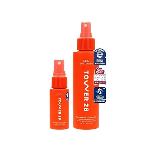 Tower 28 SOS Daily Rescue Facial Spray - Hypochlorous Acid Spray to Help Reduce Redness, Calm Irritation + Alleviate Flare-Ups - Purifying Face Toner Duo - Full + Travel Size Skin Care Spray (2 Count)