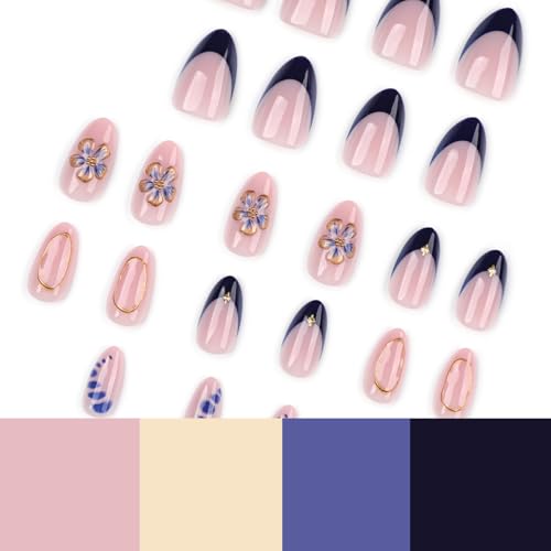 Medium Almond Blue French Tip Press-On Nails with 3D Flowers - 24 Pcs
