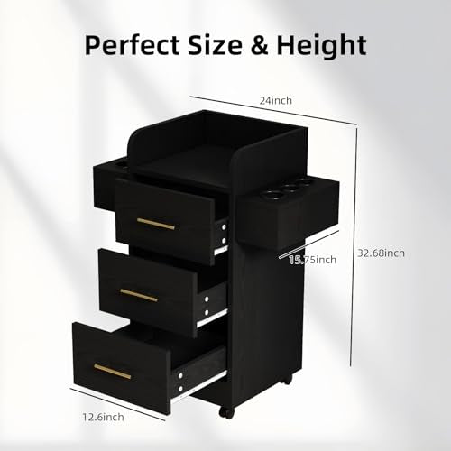 Rolling Salon Station with 6 Hair Dryer Holders & 3 Drawers
