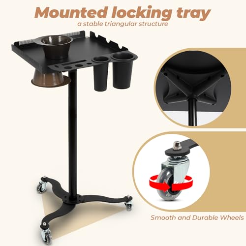 Salon Tray Cart with Storage Platform, 2 Magnetic Bowls Tattoo Tray with Wheels Trolley, Adjustable Height Salon Tray Equipment, Hairstylist Holder and Hair Separator Stand for Salon & Spa Use, Black