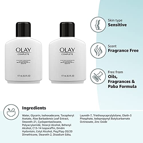 Olay Complete All Day Moisturizer Lotion with Sunscreen SPF 15 for Sensitive Skin, 6.0 fl oz (Pack of 2)