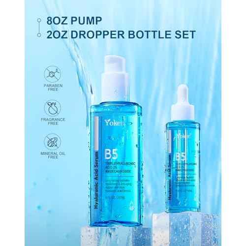 EWG Verified Hyaluronic Acid Serum for Face 8 + 2 fl oz, Vitamin B5 & Triple Pure Hyaluronic Acid 2%, Anti-aging Facial Serum for Fine Line Wrinkle Hydrating Serum Plump Dry Skin Fragrance-Free