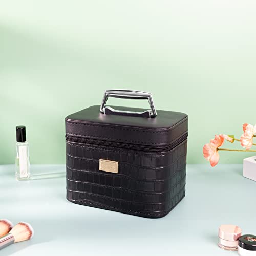 Portable Leather Makeup Train Case with Mirror - Black