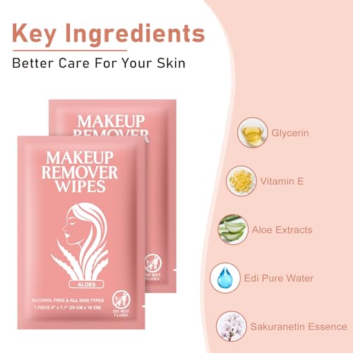 Makeup Remover Wipes Individually Wrapped Facial Cleansing Towelettes Bulk, Disposable Cleanser Makeup Removal Cloths Pad for Oil Dirt Skin Care Removing Mascara Lipstick Travel Hotel Aloes (100 Pack)