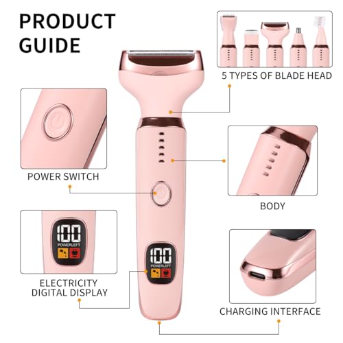 Electric Razors for Women, 5 in 1 Painless Ladies Wet & Dry Body Razors and Facial Hair Remover, Rechargeable Facial and Body Hair Remover for Face Nose Eyebrow Arms Armpit Legs Pubic Area (Pink)