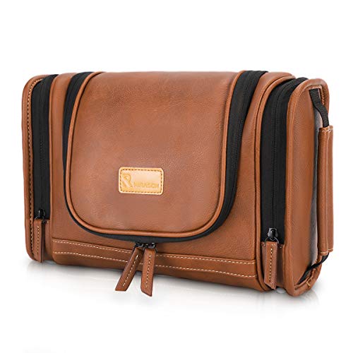 MIRASON Travel Toiletry Bag, Hanging Toiletry Bag for Men, Leather Travel Shower Bag for Toiletries Dopp Kit Bathroom Bag with Metal Hook, Gift for Men (Brown)