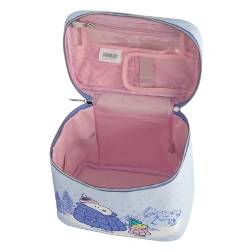 Impressions Vanity Peanuts SNOOPY Winter Makeup Train Case with Artwork, Top Handle Carry Strap Makeup Bag with Slip Pocket, Brush Holder Pocket and Silver Hardware Travel Makeup Organizer for Women