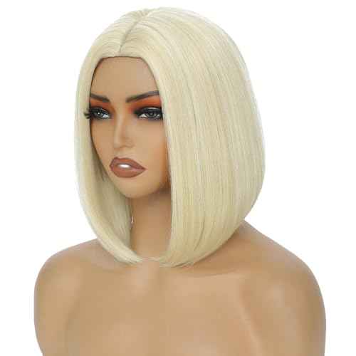 Blonde Bob Wig for Women 12 Inch Straight Blonde Wigs Middle Part Heat Resistant Synthetic Wig