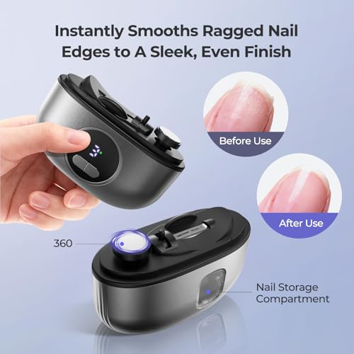 Electric Nail Clipper, 2-in-1 Improved Nail Clippers Set with LED Light & USB Rechargeable, 3 Speed Quiet & Nail Clip Storage for Baby Adults Seniors Thick Nails ?Includes Oblique Nail Clippers (Grey)